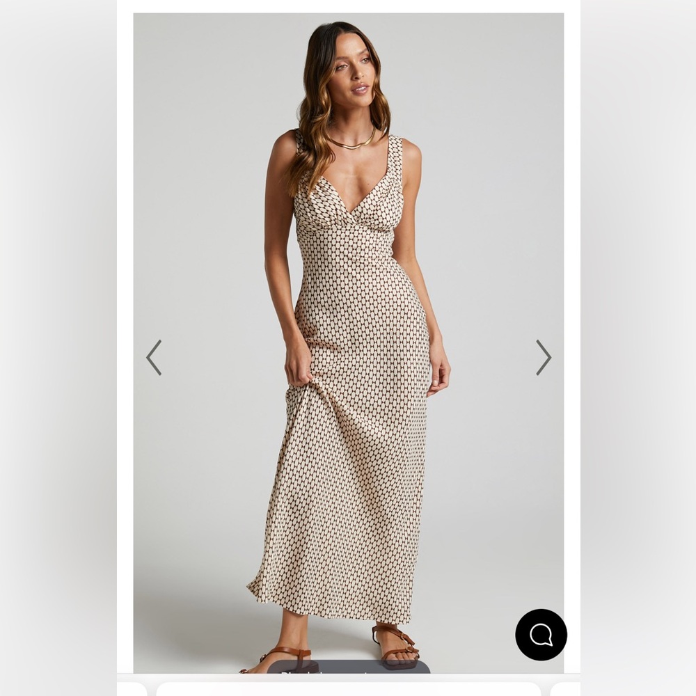 Showpo Mauriel Midi Dress- Deep V Gathered Bust Slip Dress in Natural Geo